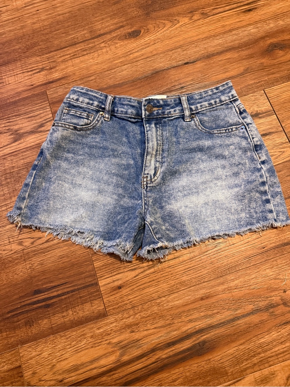 Classic High-Rise Blue Denim Frayed Hem Shorts - Juniors